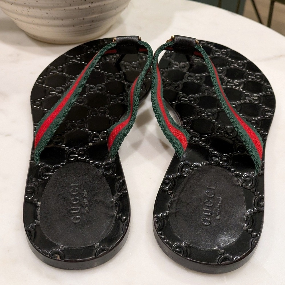 Gucci Flip Flop Thong Sandals Women 37.5 Black Green Red GG Monogram - Picture 2 of 14